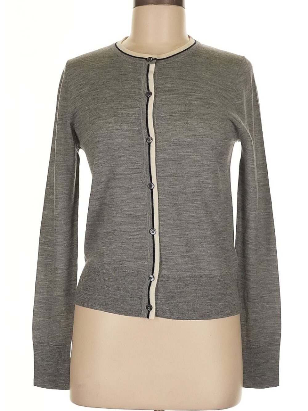 J Crew 100% Merino Wool Cardigan Grey Cream Black Contrast Trim Size M Button